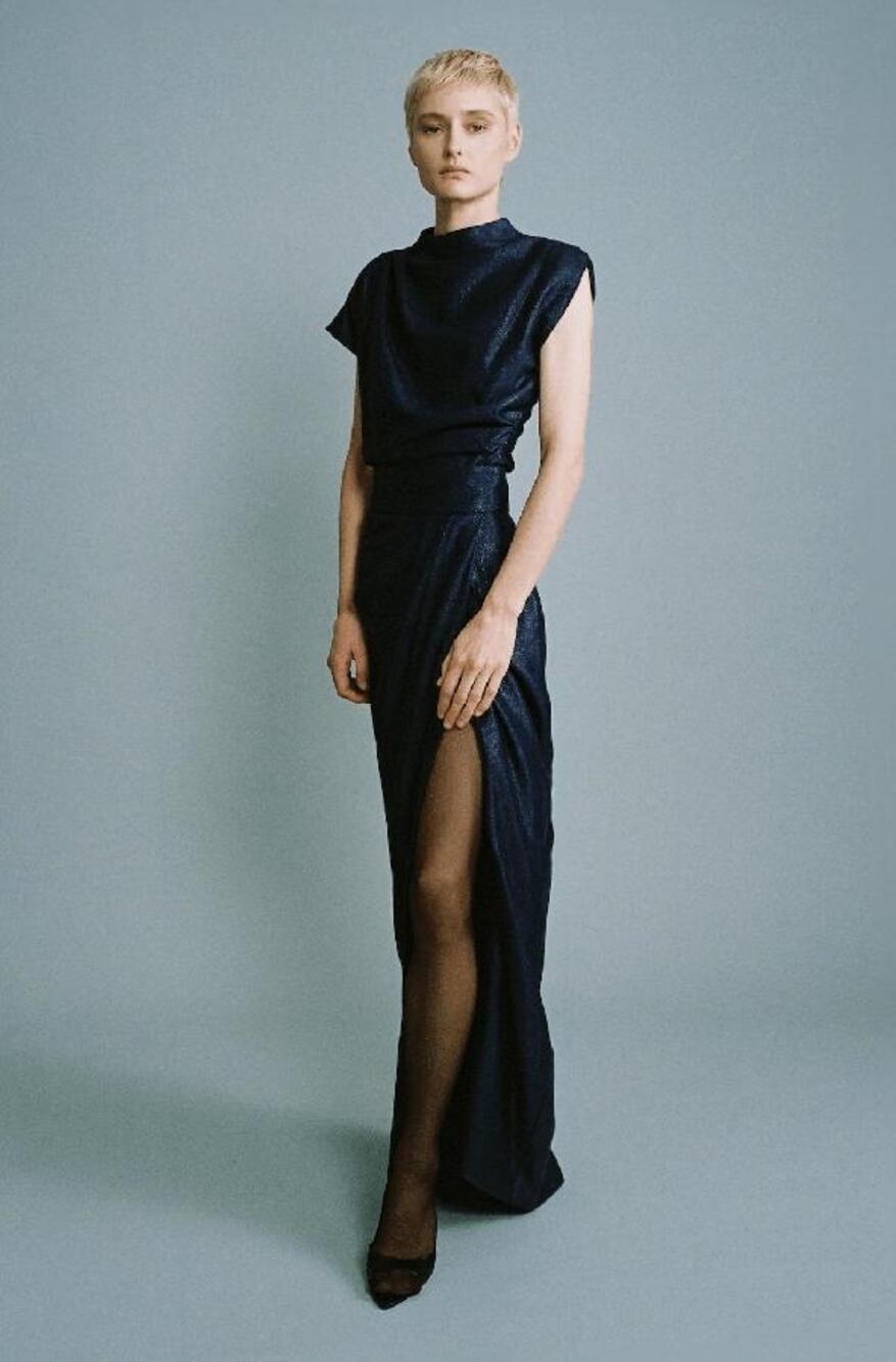 SABINA MUSAYEV Jetta Metallic Navy Blue Maxi SKIRT Front Slit L Wedding Event